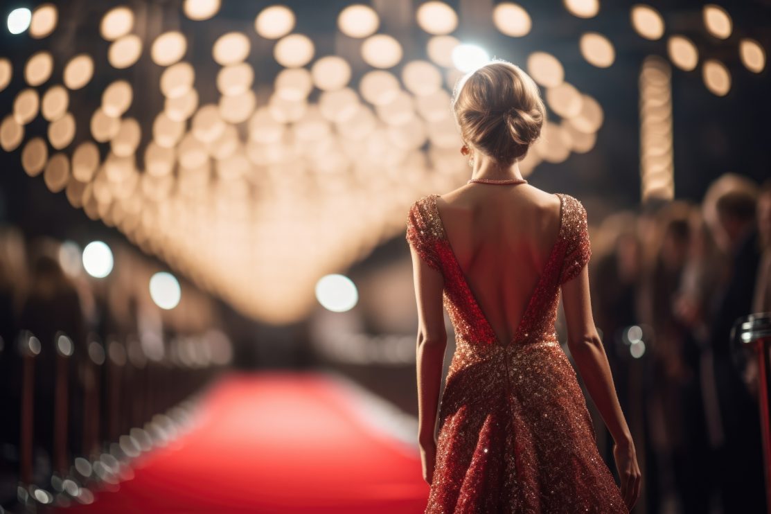 a-closeup-shot-of-a-gl-woman-posing-grandly-in-an-exquisite-designer-gown-with-the-backdrop-of-red-carpet-and-glittering-celebrity