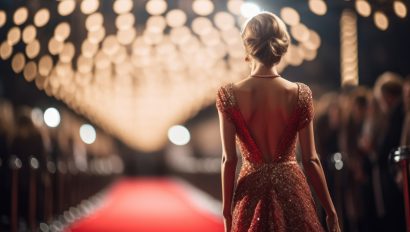 a-closeup-shot-of-a-gl-woman-posing-grandly-in-an-exquisite-designer-gown-with-the-backdrop-of-red-carpet-and-glittering-celebrity