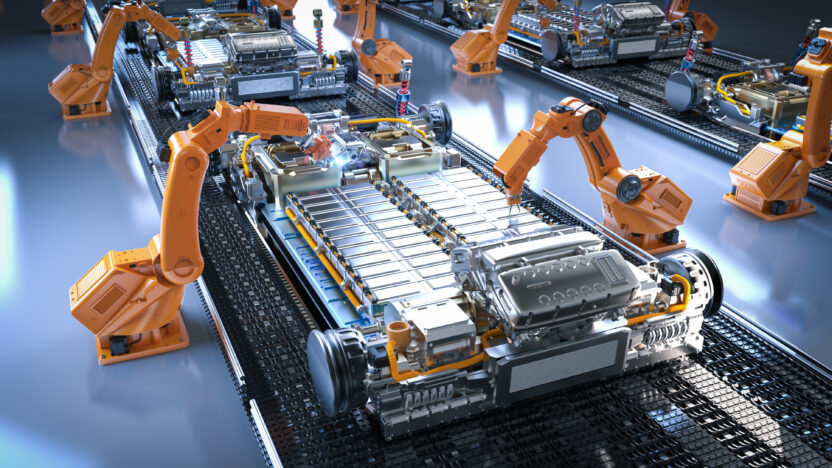 High-tech assembly line with electric car battery cells module on platform