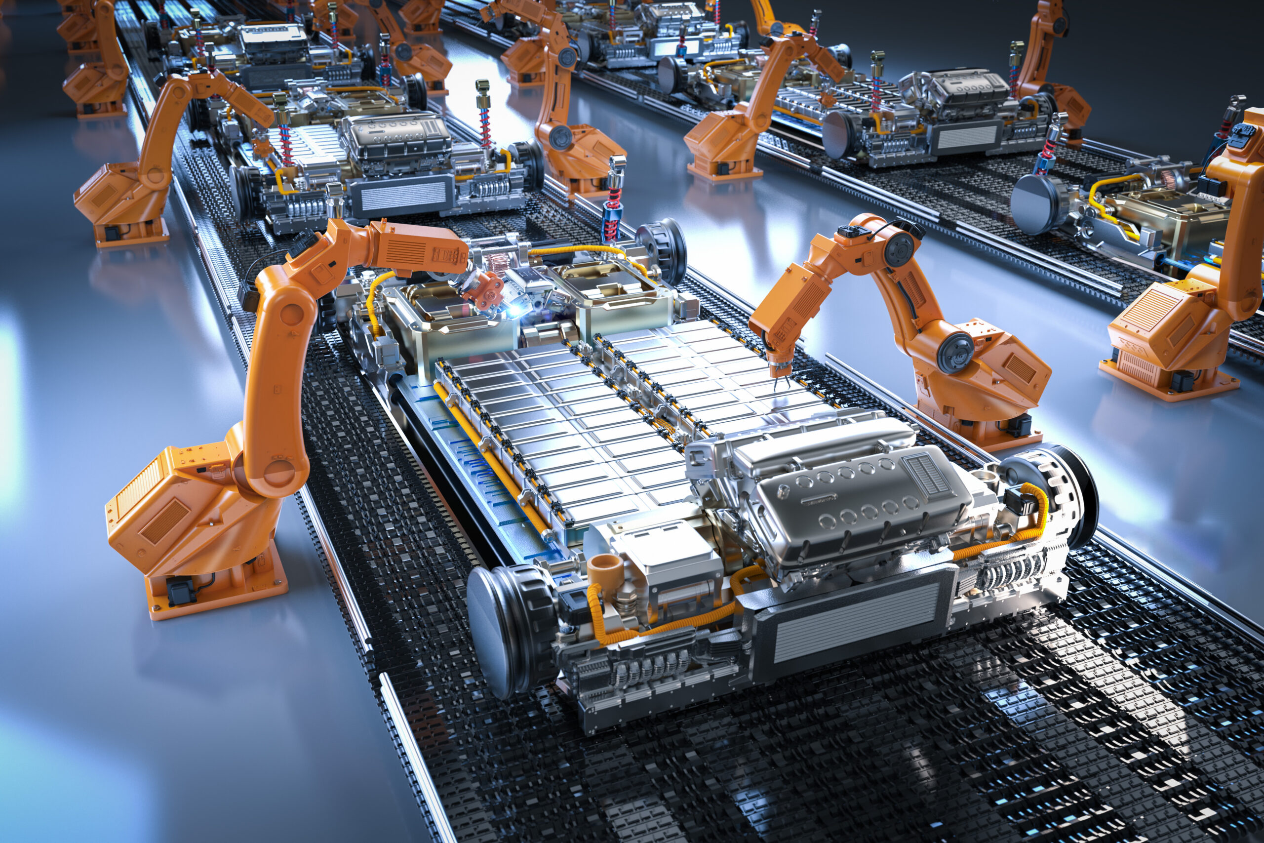 High-tech assembly line with electric car battery cells module on platform