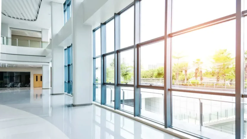 Empty lobby with glass window.