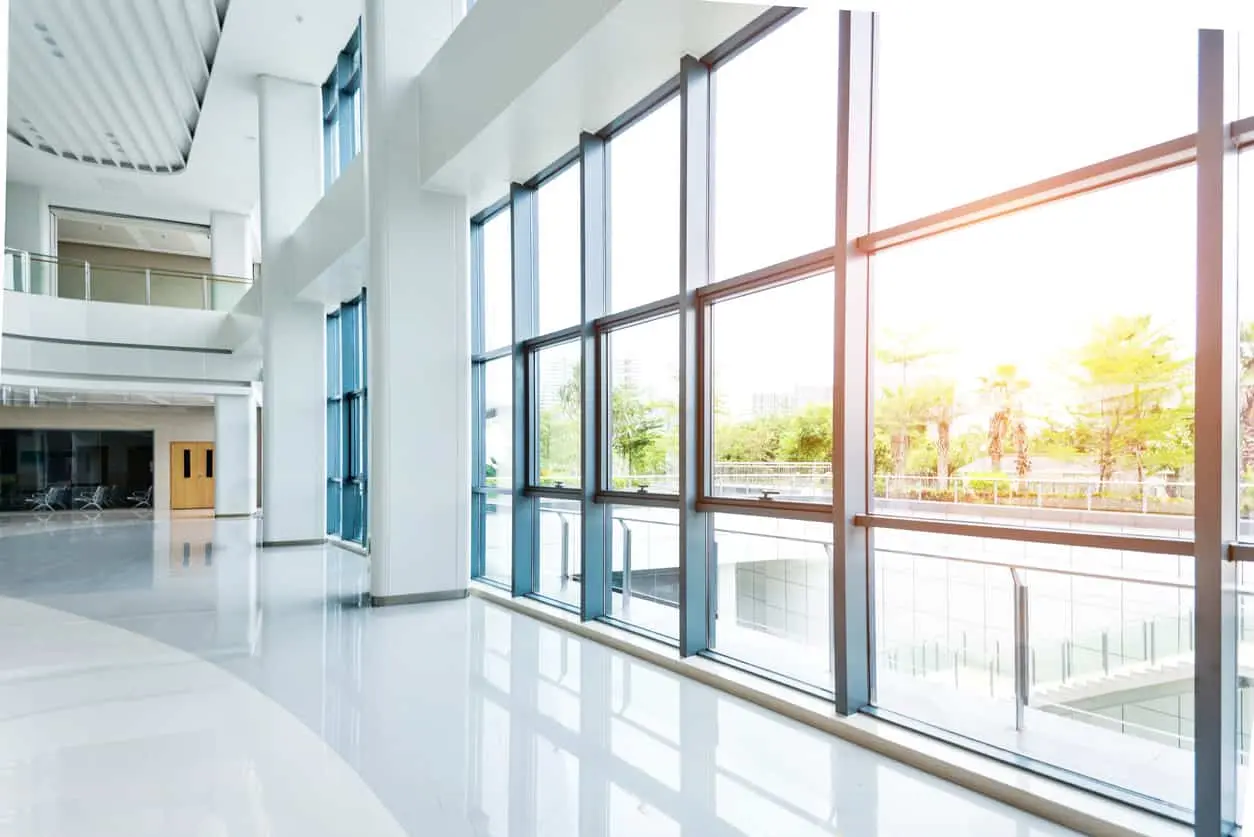 Empty lobby with glass window.