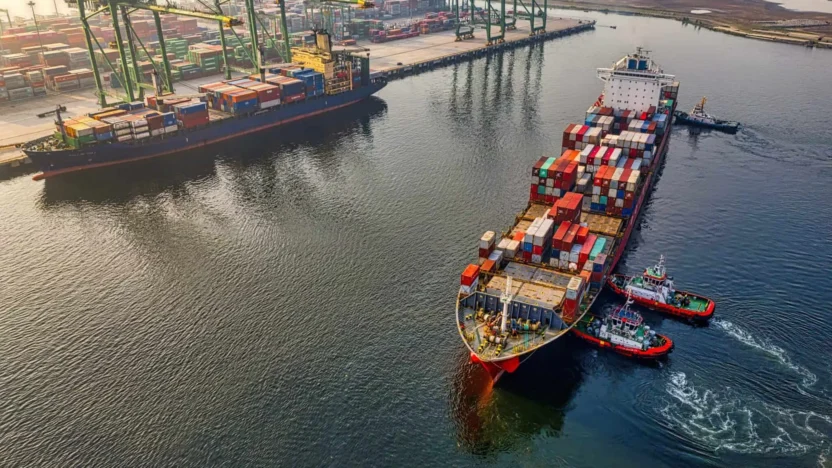 Red and blue cargo ship on body of water during daytime