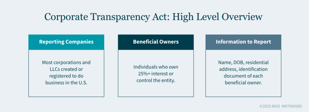 Graphic provides a high level overview on the Corporate Transparency Act, defining reporting companies, beneficial owners, and information to report